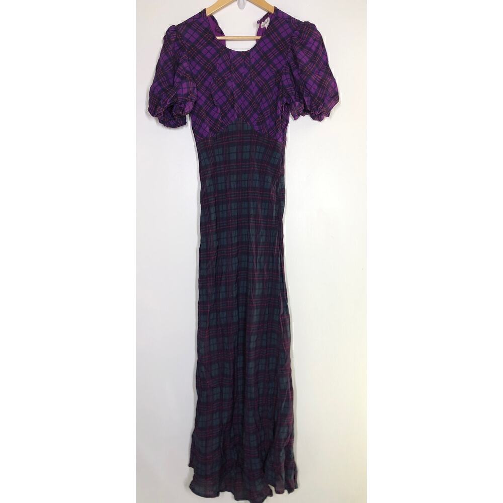 RAHI Cher Dress Short Puff Sleeve Keyhole Maxi Purple Green Mixed Plaid Medium - Picture 7 of 15